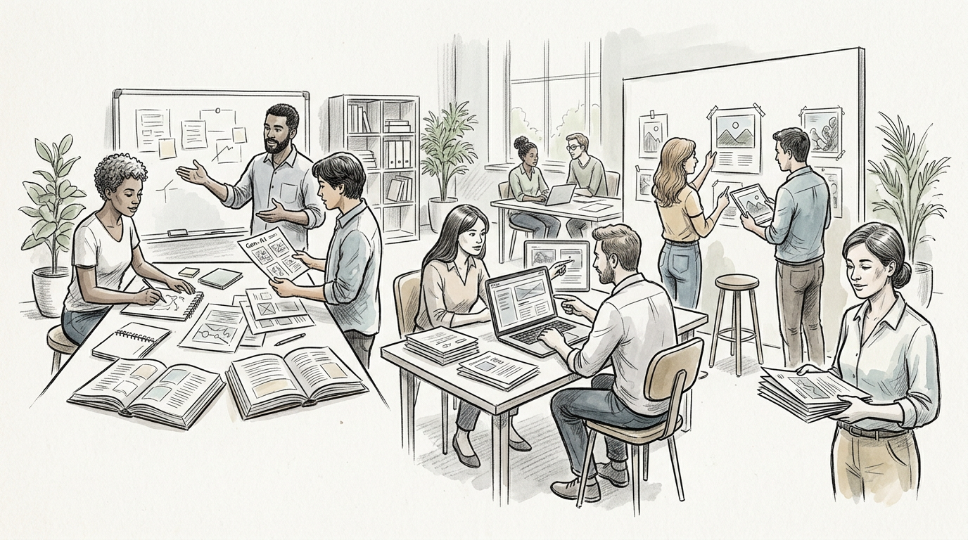 Team members collaborating around tables with sketches, laptops, and presentation boards