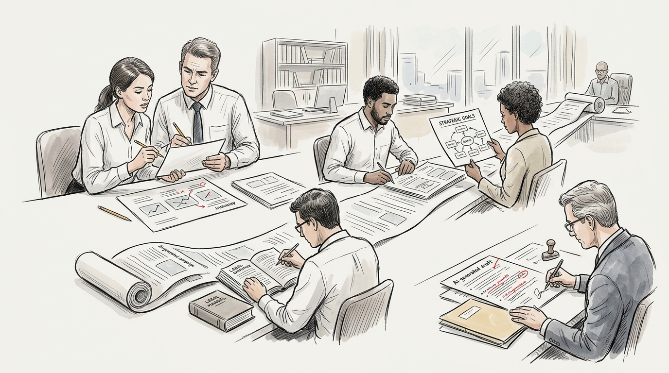 Business team reviewing documents and a strategic goals diagram