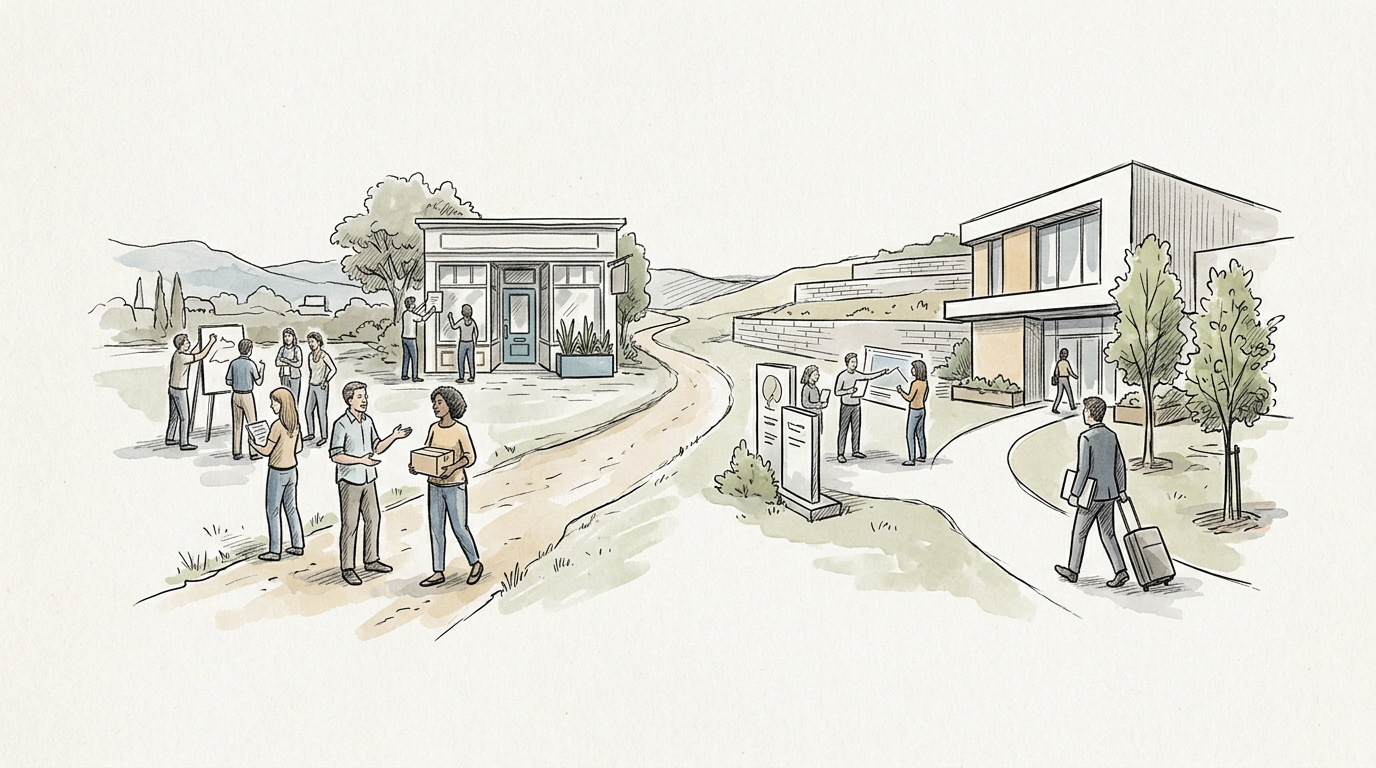 Illustration of people discussing plans between a small shop and modern building