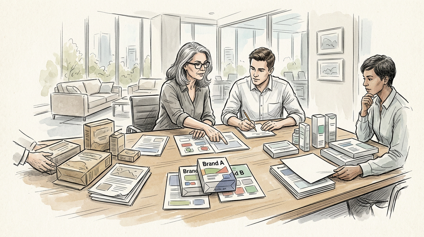 Three colleagues reviewing Brand A and Brand B marketing concepts