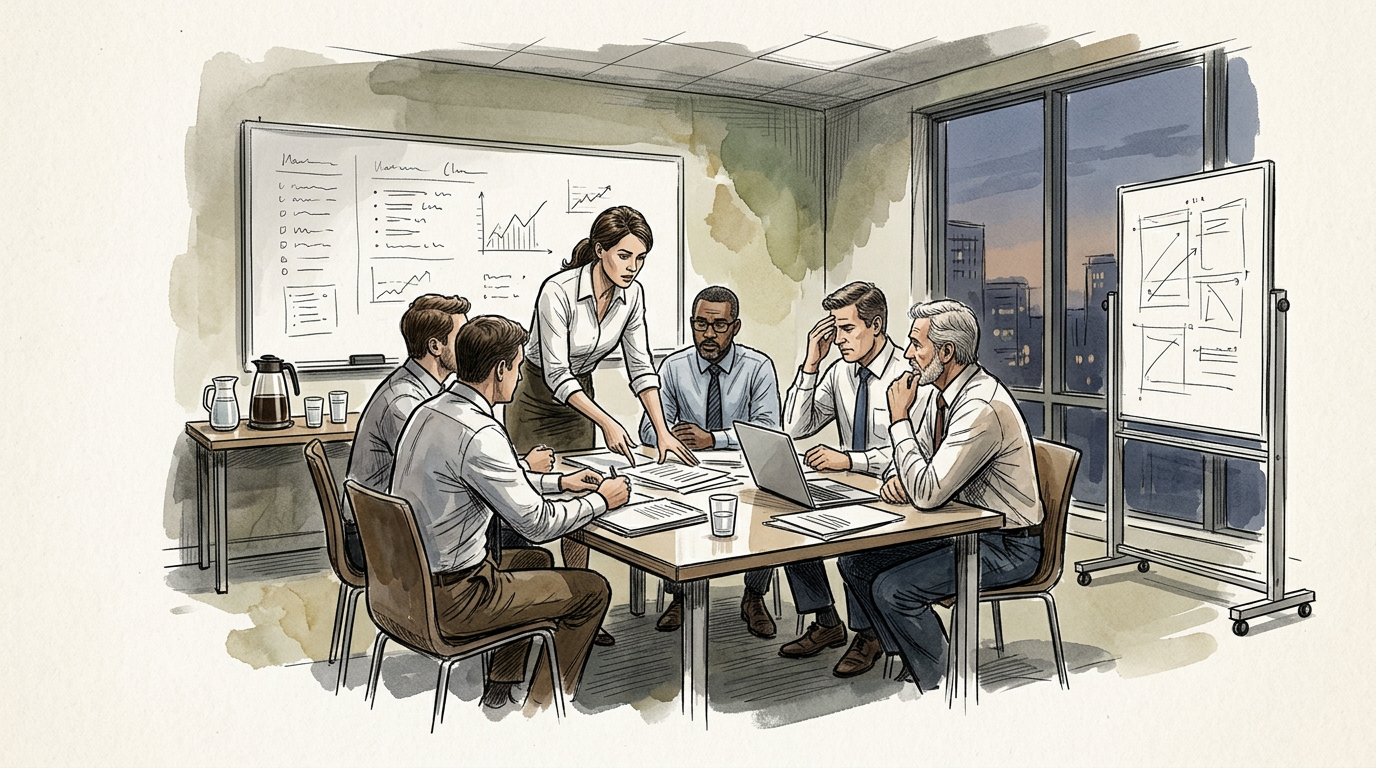 Business team discussing charts and documents in an evening conference room