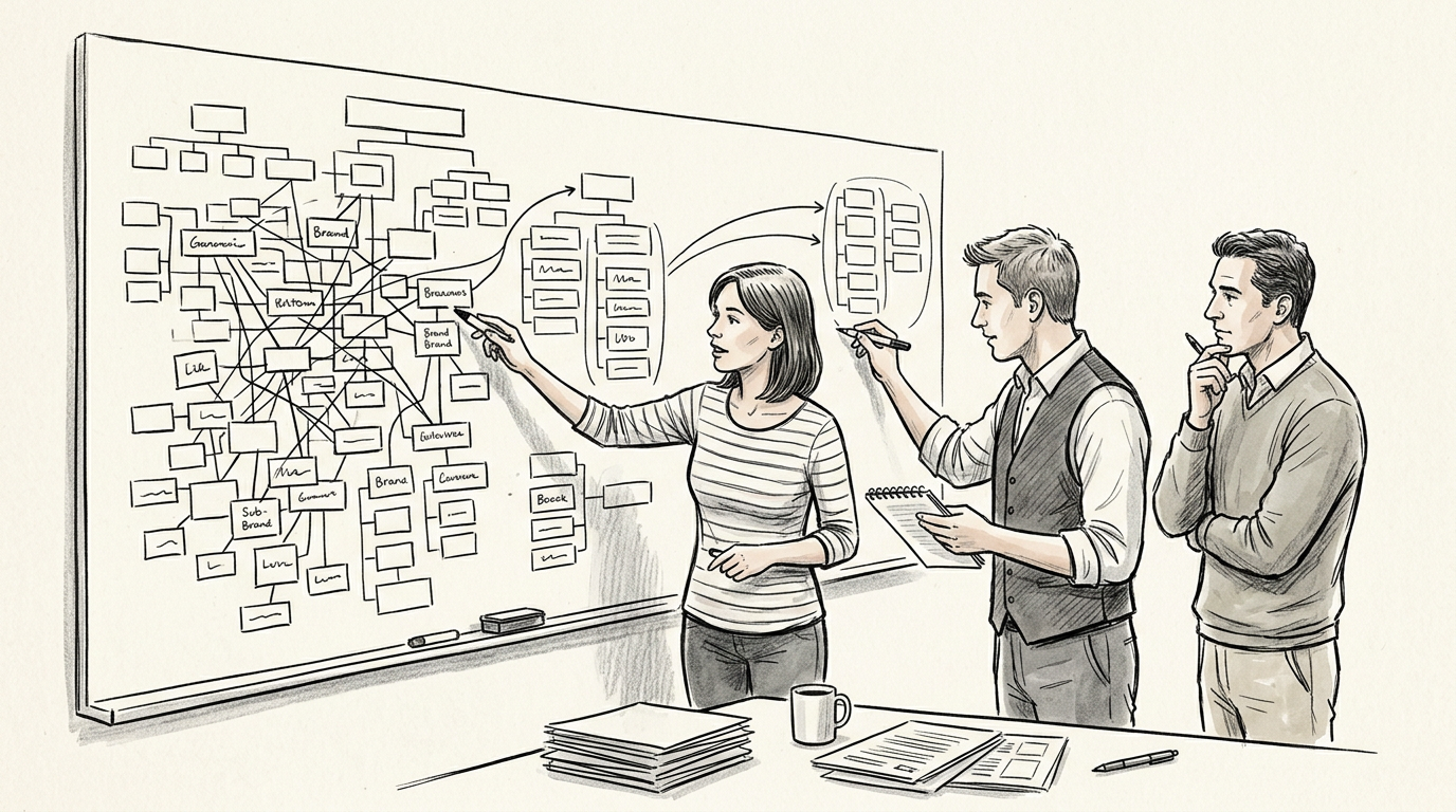Three colleagues analyze a complex brand relationship diagram on a whiteboard