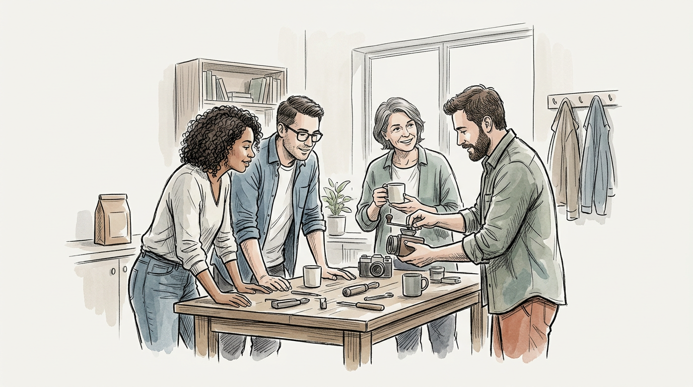 Four people discussing cameras and photography equipment around a workshop table