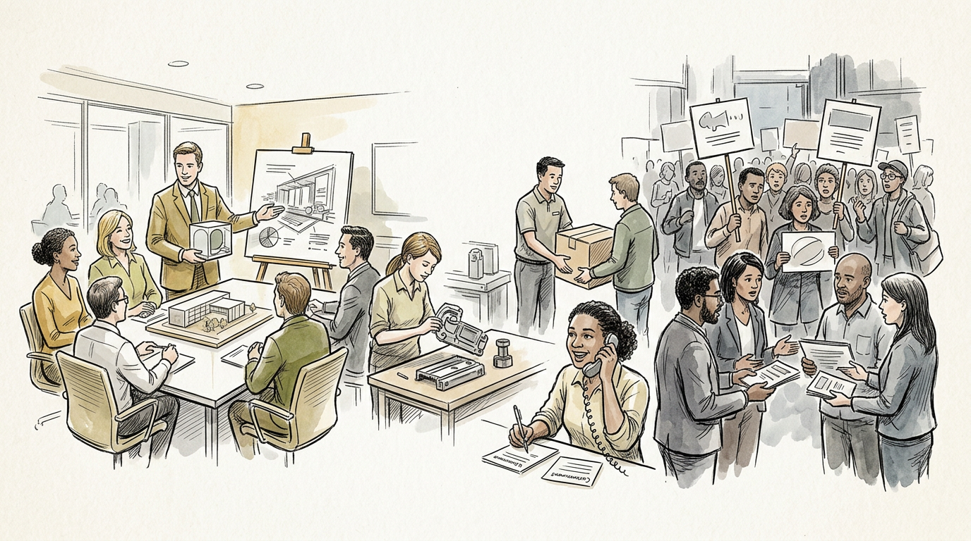 Illustration of teams designing products and engaging with community members
