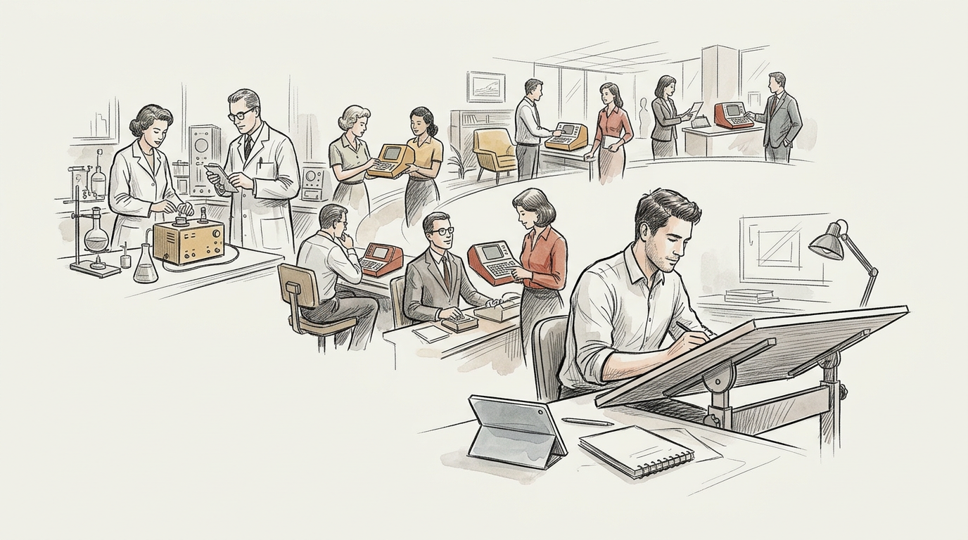 Collage of people using laboratory, office, and drafting technologies
