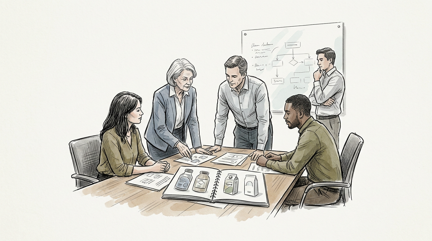 Five colleagues collaborate around product concepts and a workflow diagram