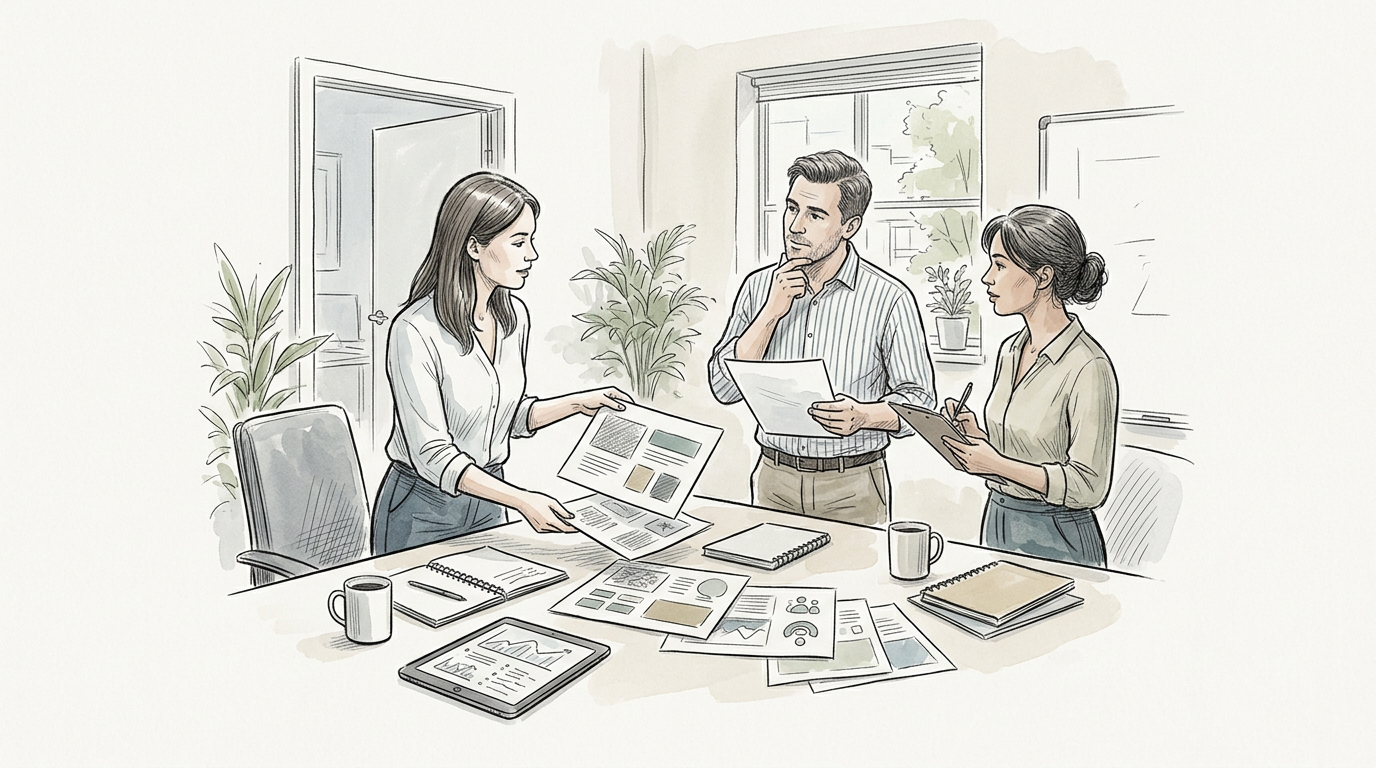 Three colleagues reviewing design documents around an office table