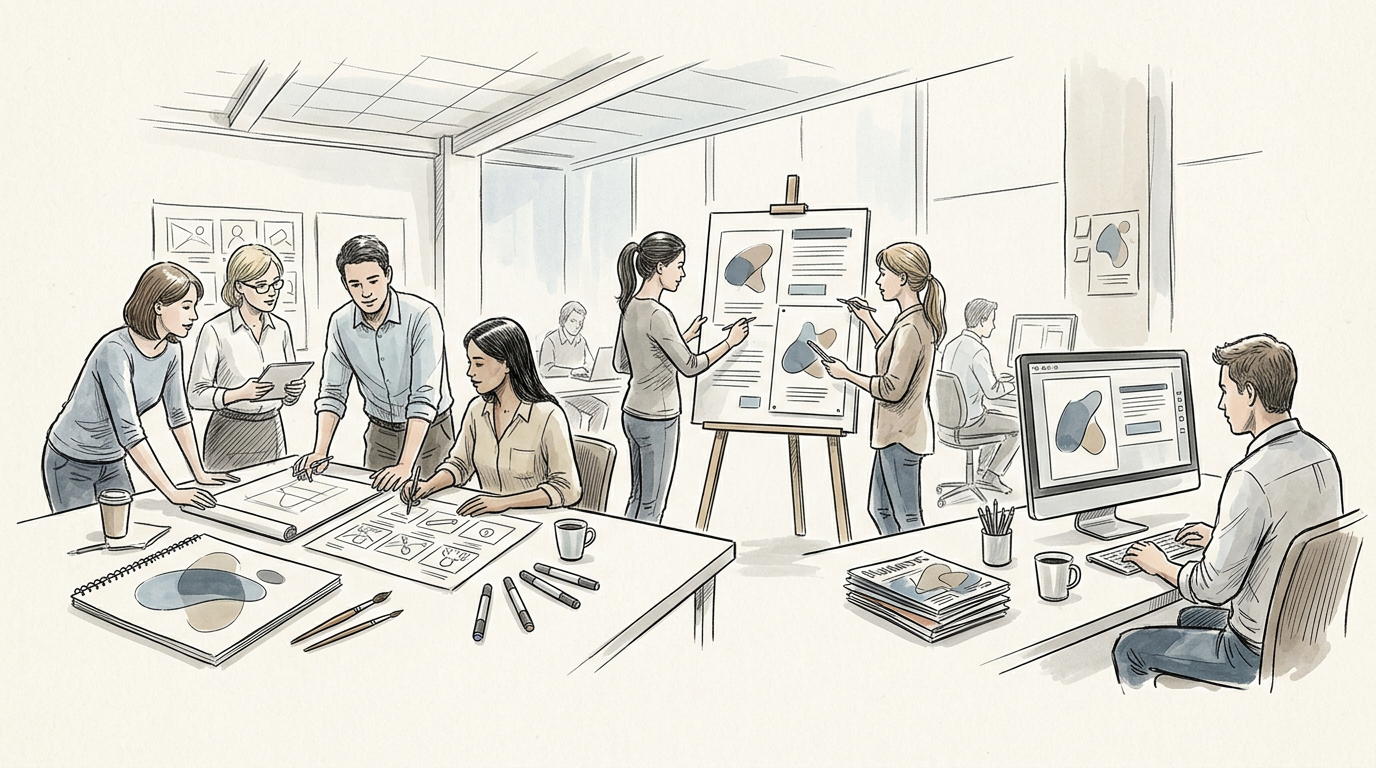 Design team collaborating around sketches, presentation boards, and computer screens