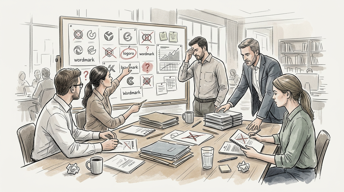 Branding team reviewing names and symbols
