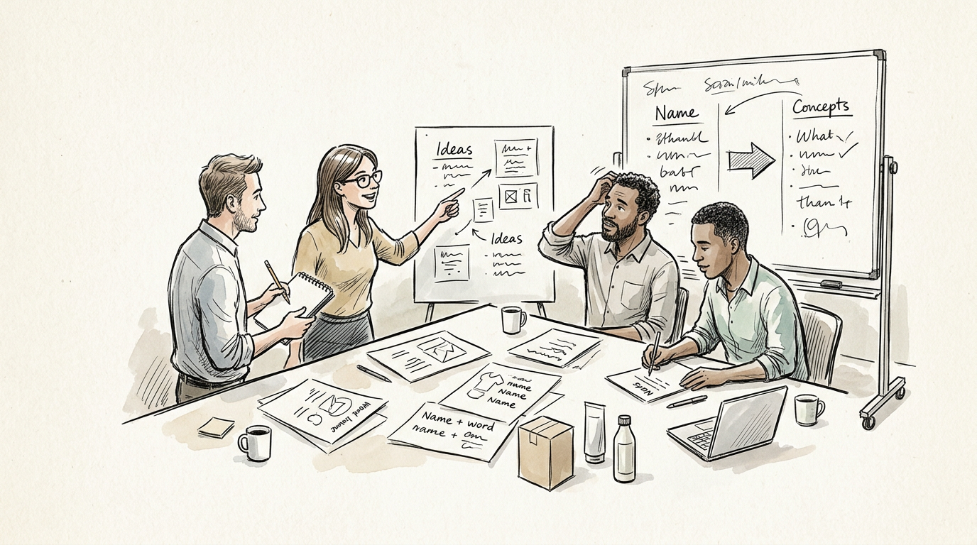Four colleagues brainstorming brand names around a table with notes and whiteboards