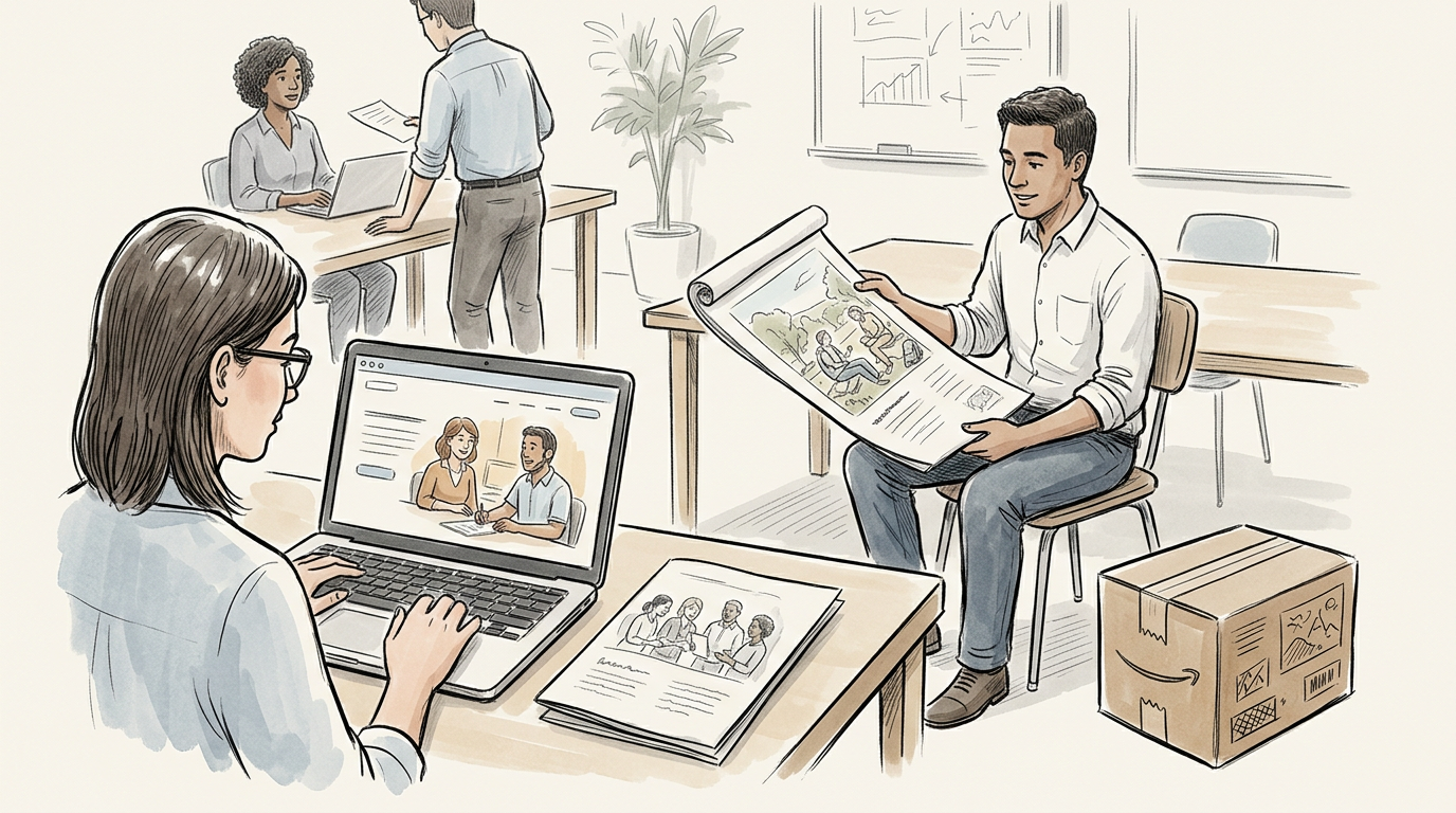 Creative team collaborating with laptop, printed documents, and a large visual plan