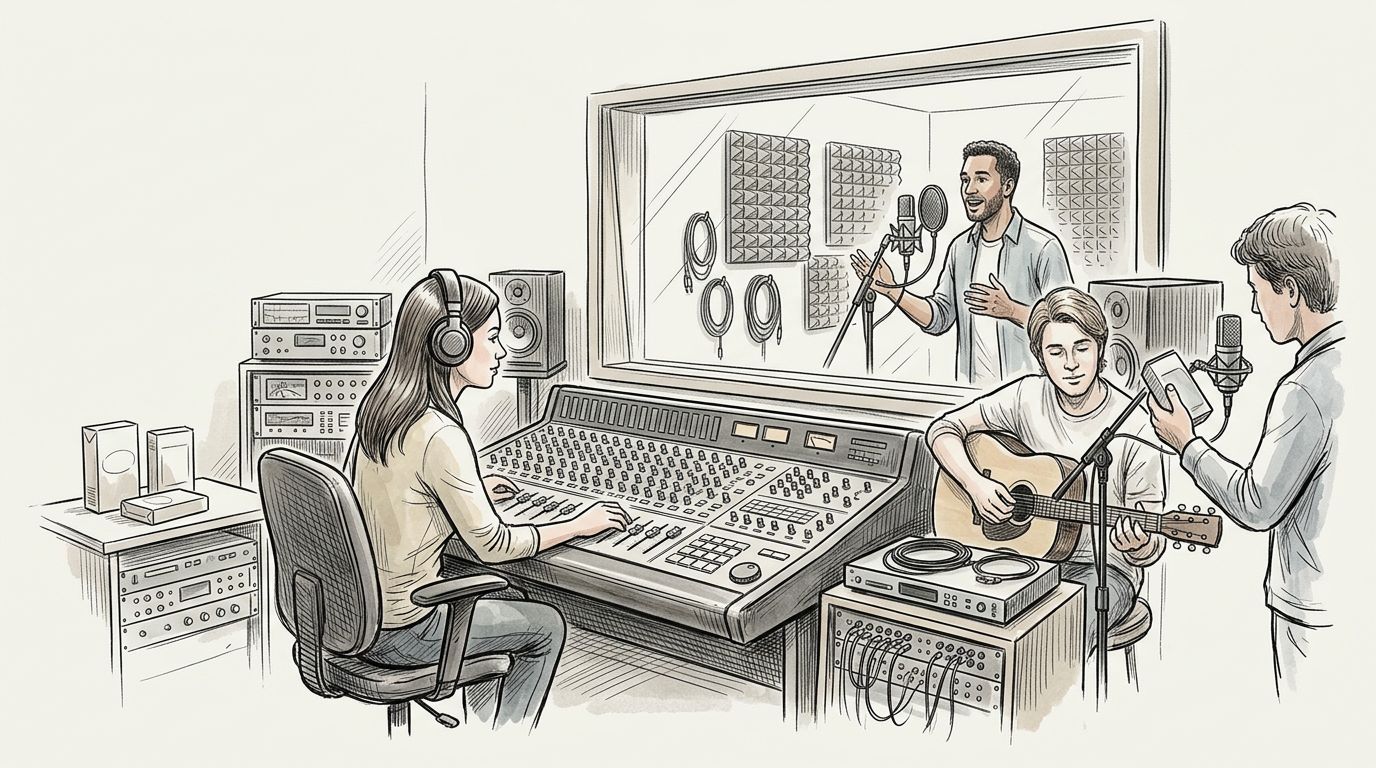 Audio engineer mixing music while three musicians record in a studio