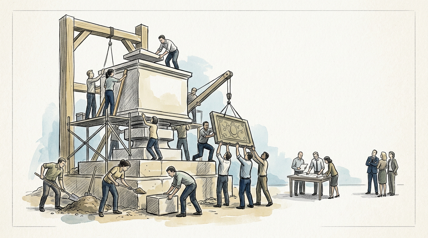 Workers constructing a building while planners coordinate the project