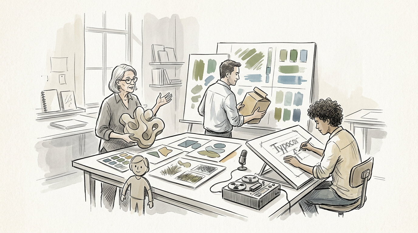 Designers collaborating around a table with sketches, color swatches, and typography boards