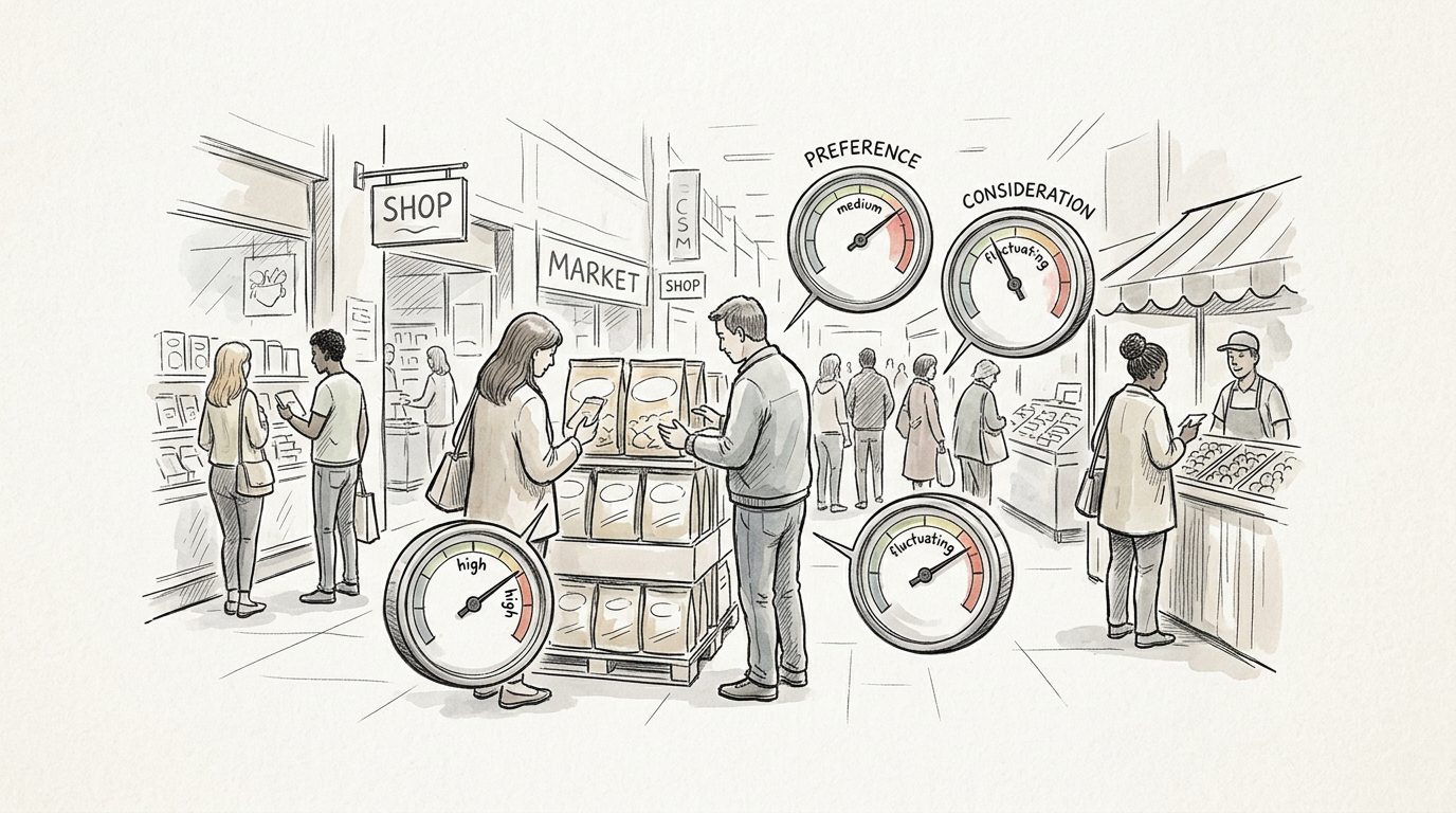 Market shoppers with gauges labeled preference, consideration, high, medium, and fluctuating