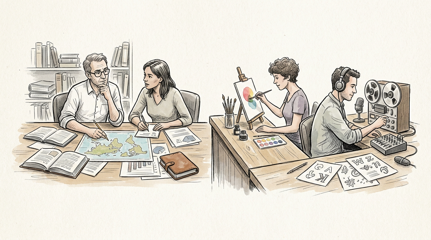 Researchers, artist, and audio engineer collaborating at desks