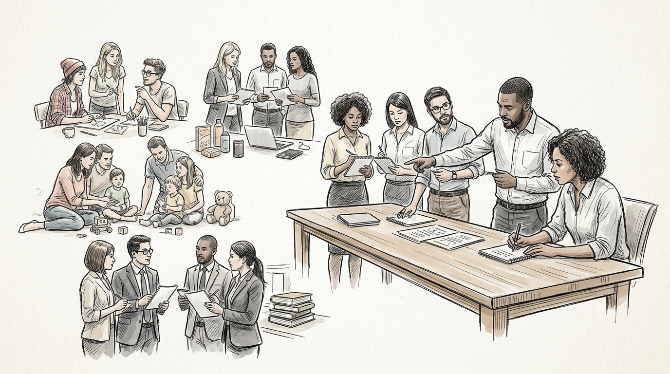 Illustrated collage of diverse people collaborating in work and family settings