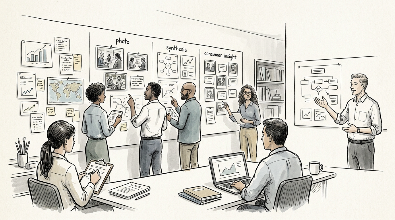 Team collaborating around boards labeled photo, synthesis, and consumer insight