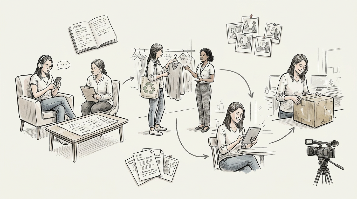 Illustration of a sustainable clothing customer journey from research to delivery