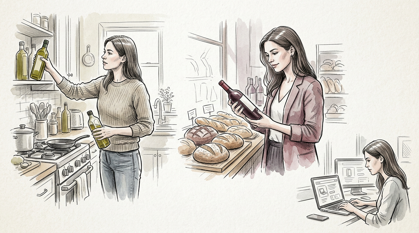 Illustration of women preparing food, shopping, and working on laptops