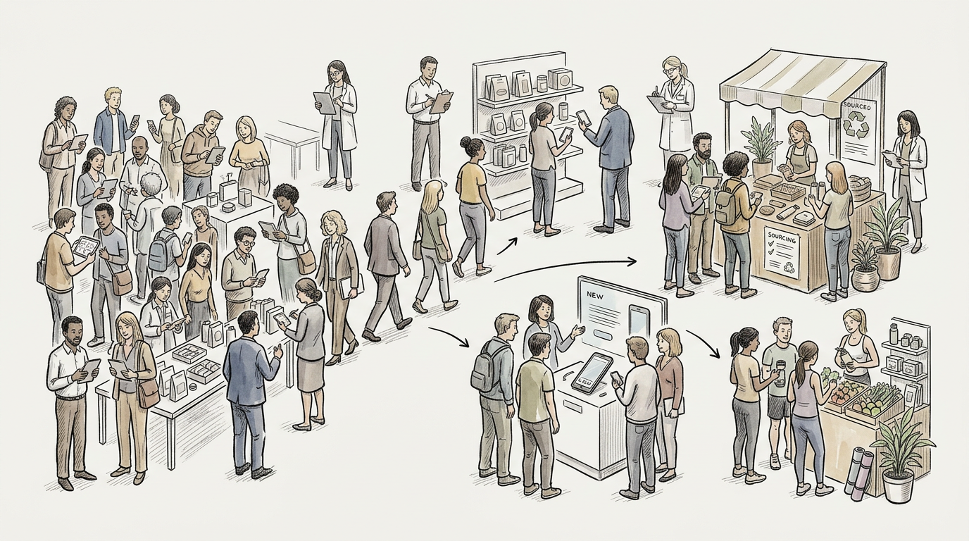 People explore products across SOURCED, SOURCING, NEW, and market displays with directional arrows