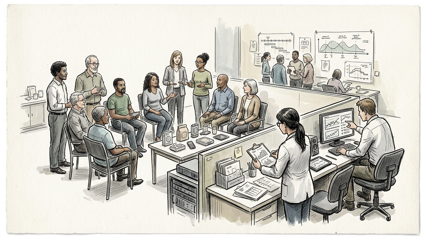 Diverse team collaborating around tables while colleagues analyze charts