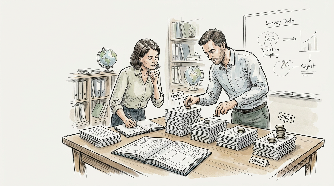 Researchers sorting survey papers labeled OVER and UNDER beside a Survey Data board