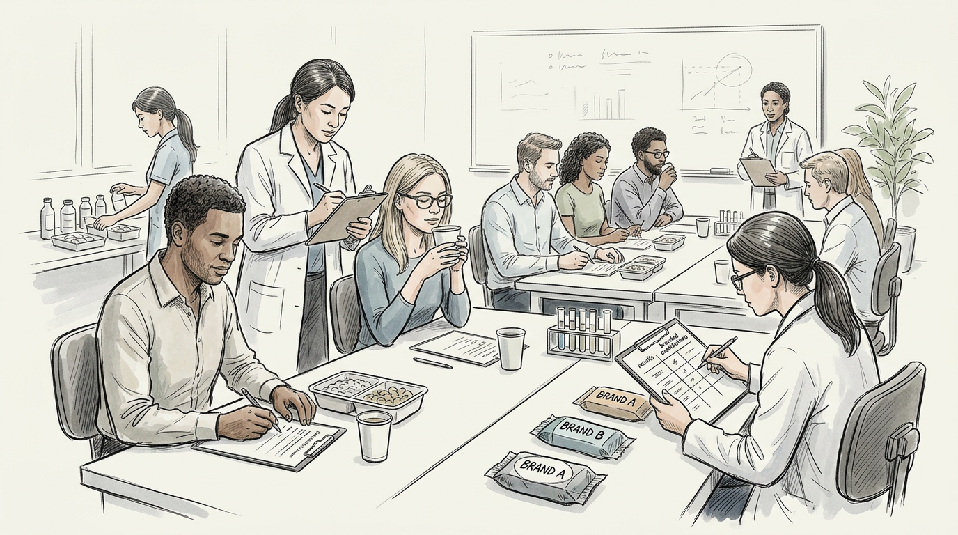 Researchers and participants evaluate food samples labeled Brand A and Brand B