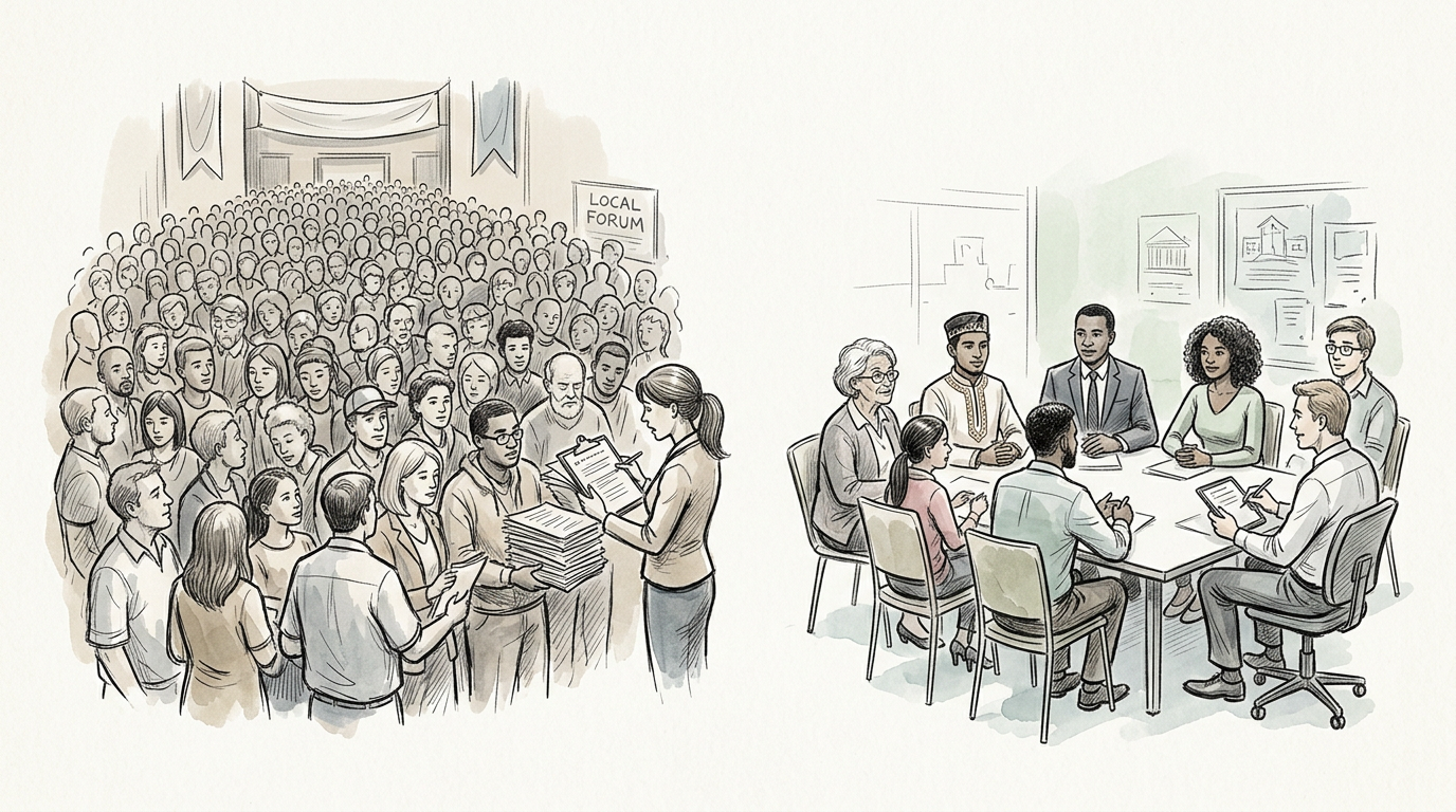 Crowded local forum beside a diverse community planning meeting