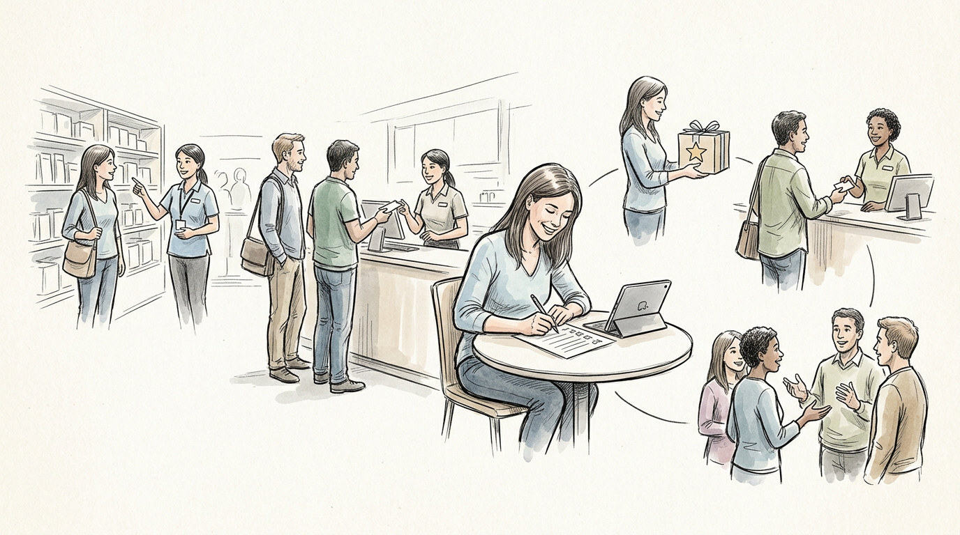 Illustration of customers interacting with staff in a retail service environment