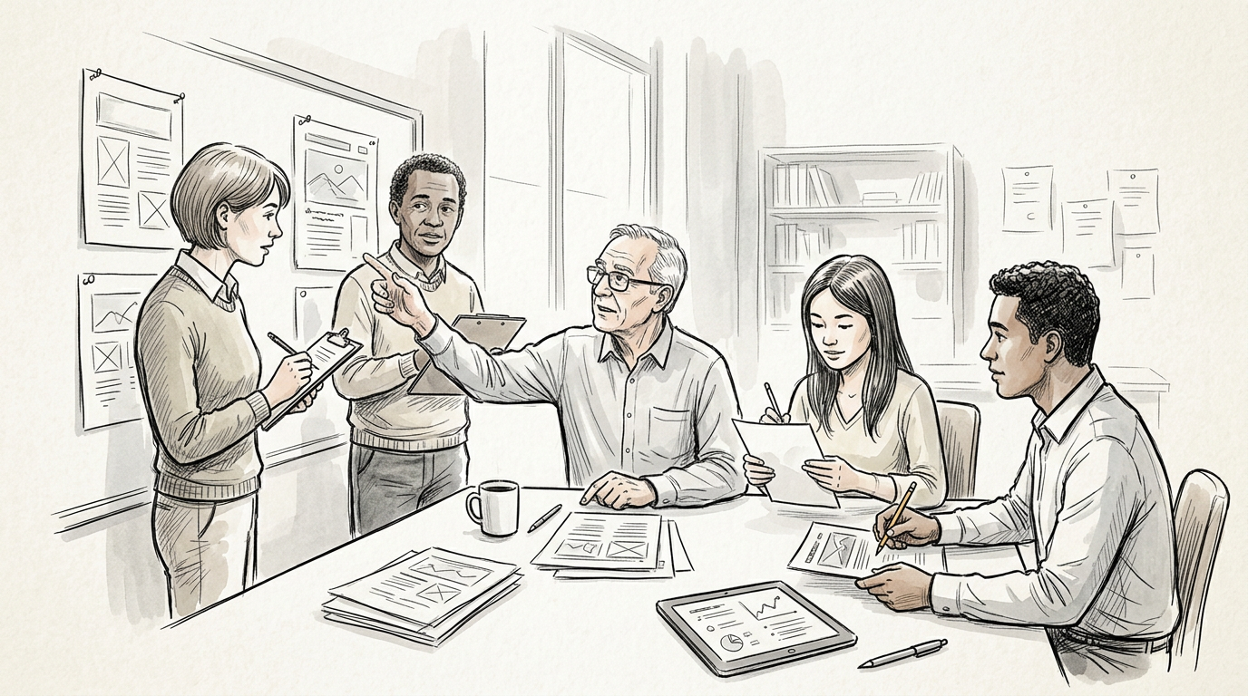 Five colleagues discussing design concepts around a table