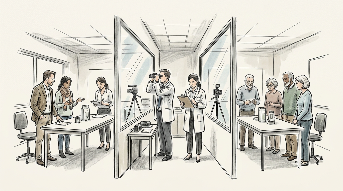 Researchers observe participants in adjoining clinical testing rooms during a study