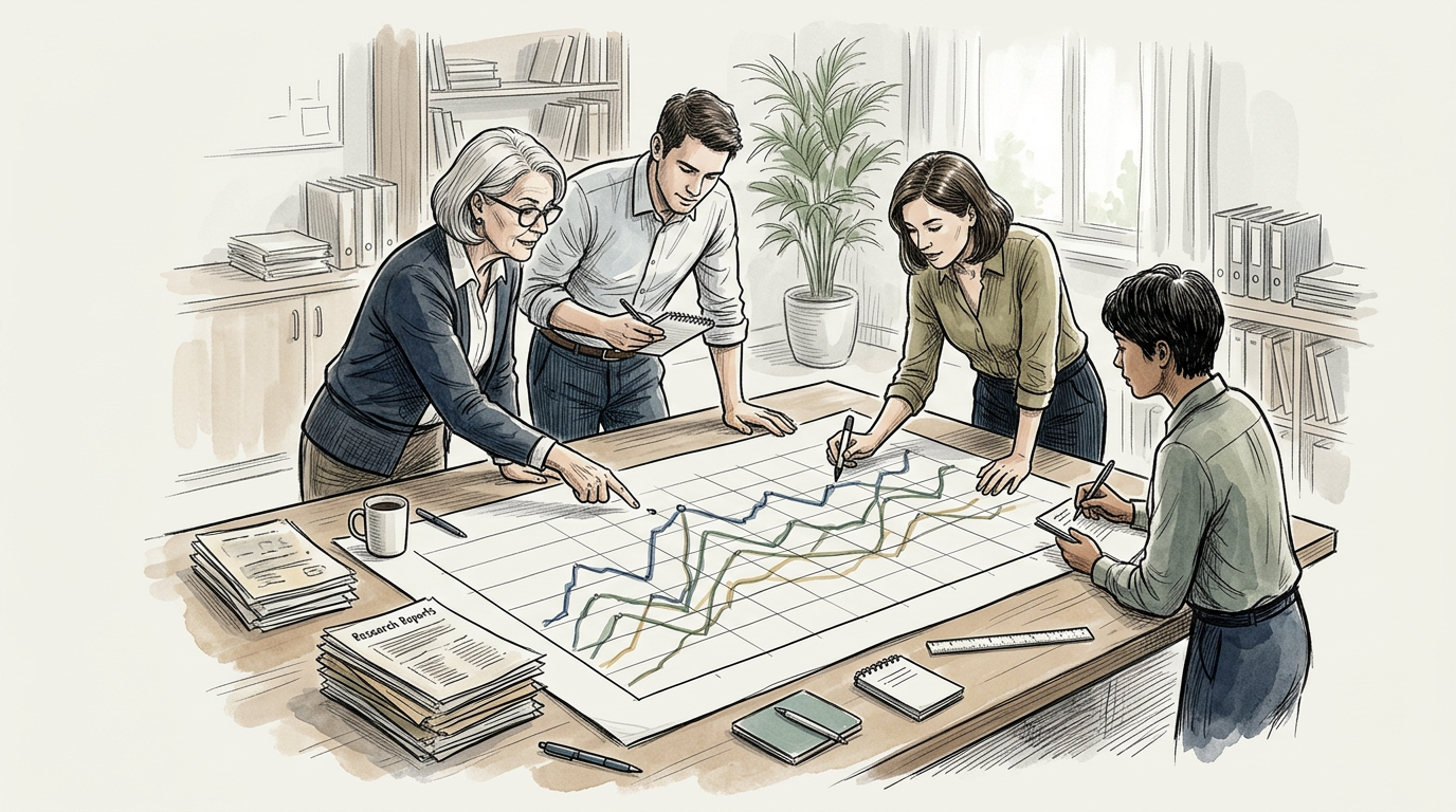 Four researchers analyzing a multi-line chart around a table