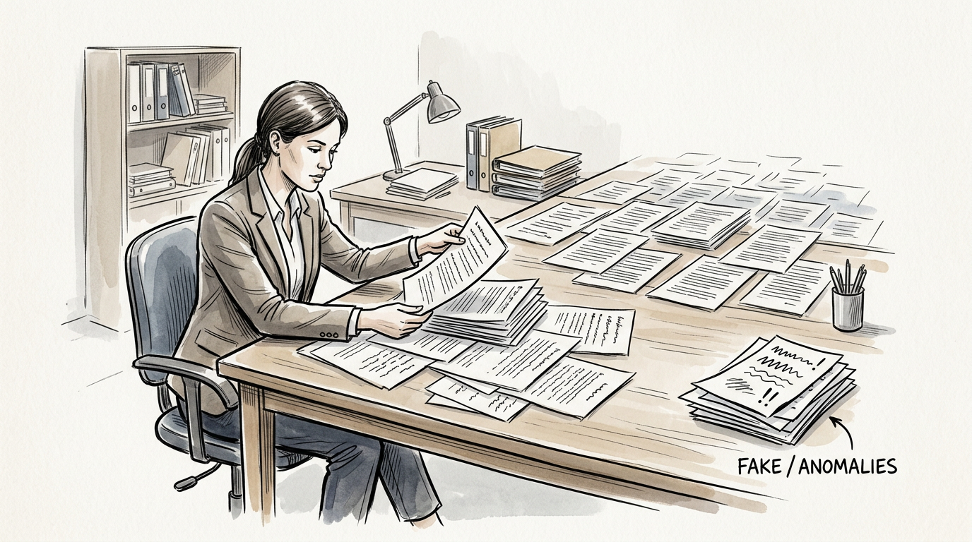 Auditor reviewing documents marked “FAKE / ANOMALIES”