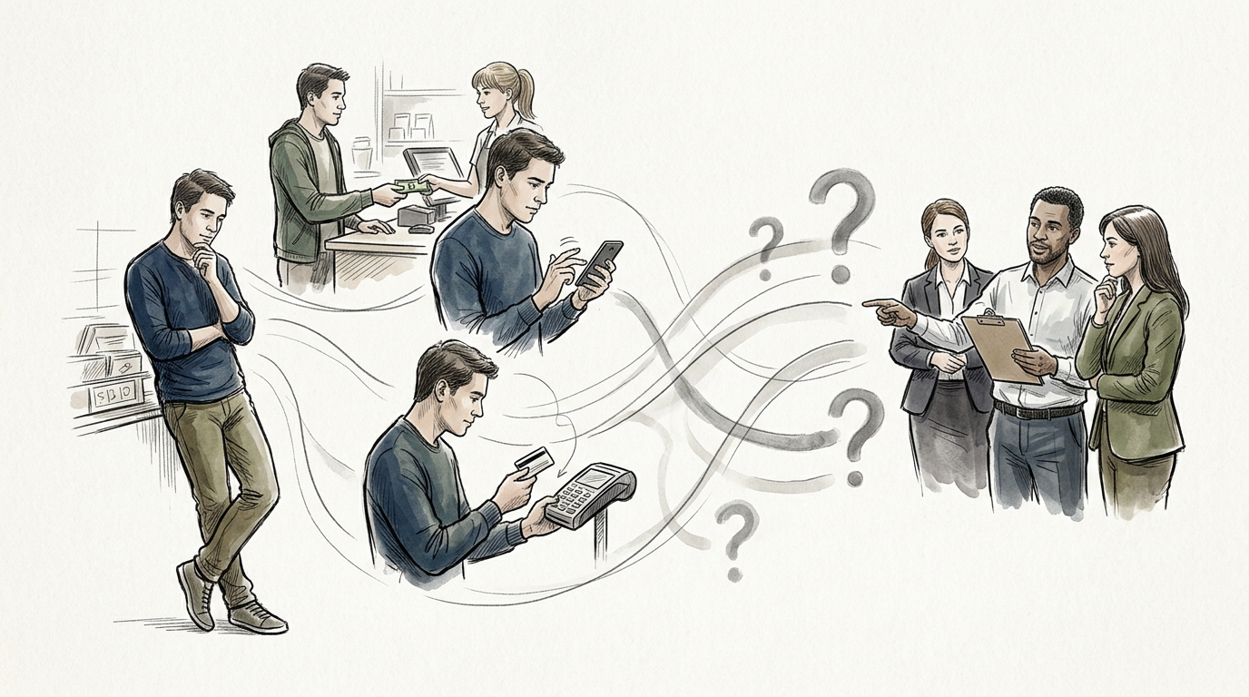 Illustrated customers navigating questions during shopping and payment interactions