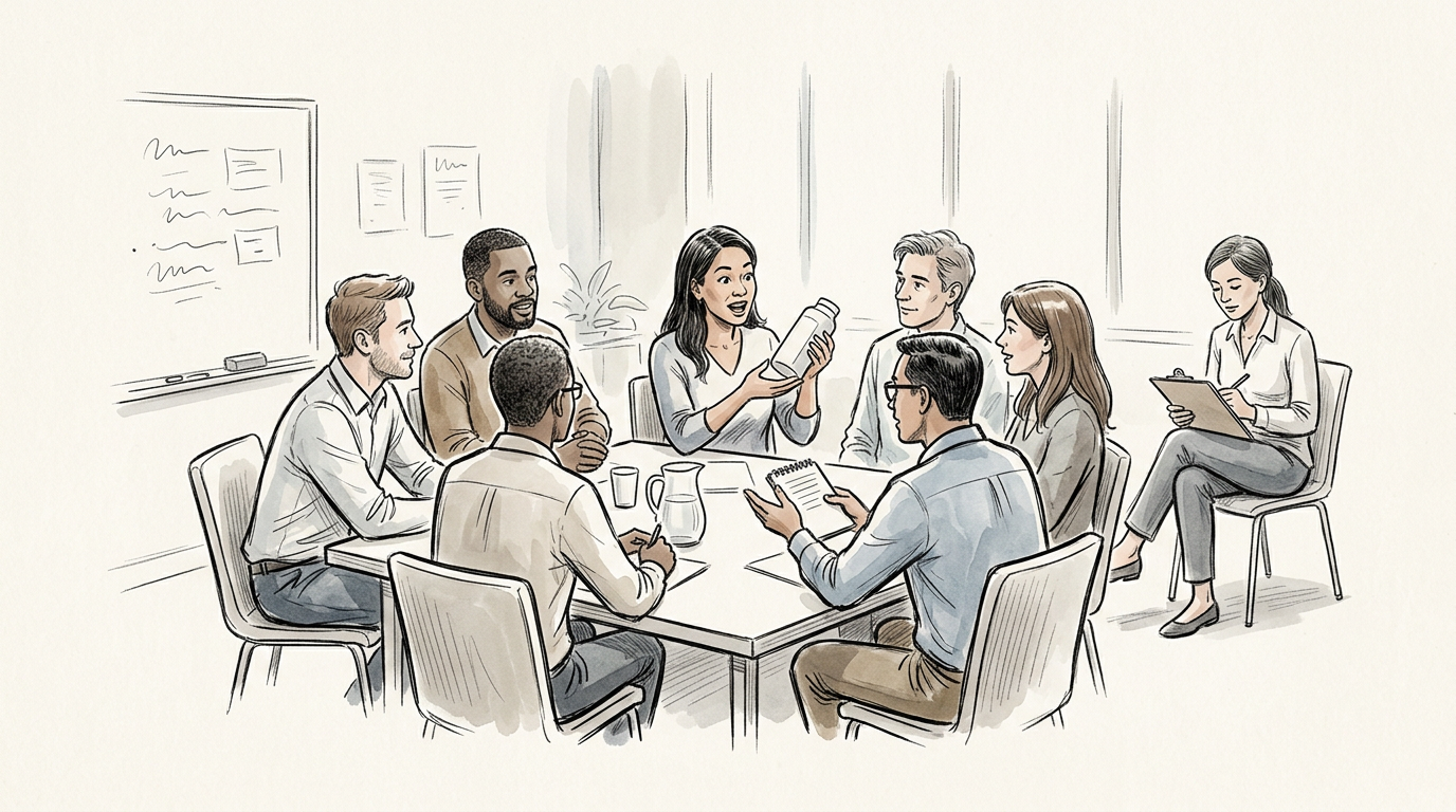 Focus group discussing product concept with researcher