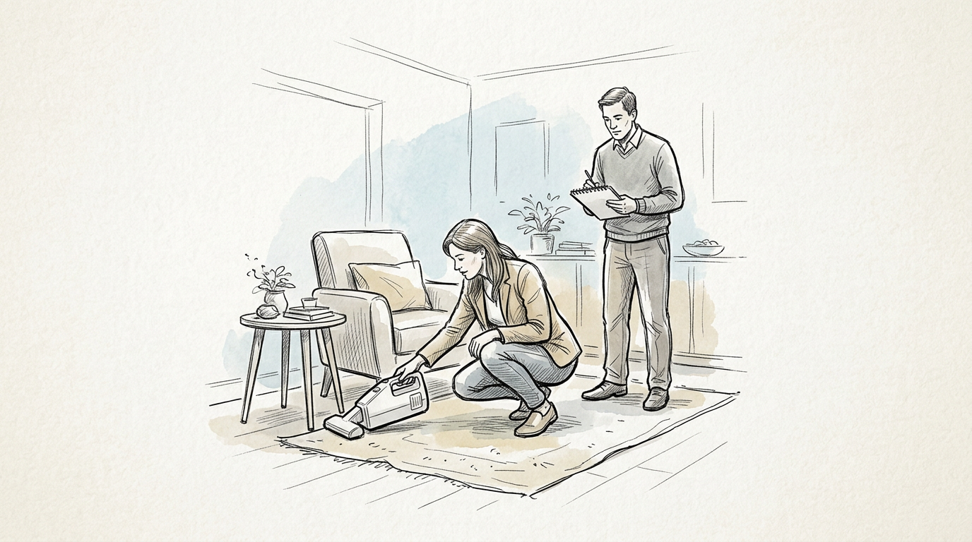 Woman vacuuming a rug while man takes notes in a living room