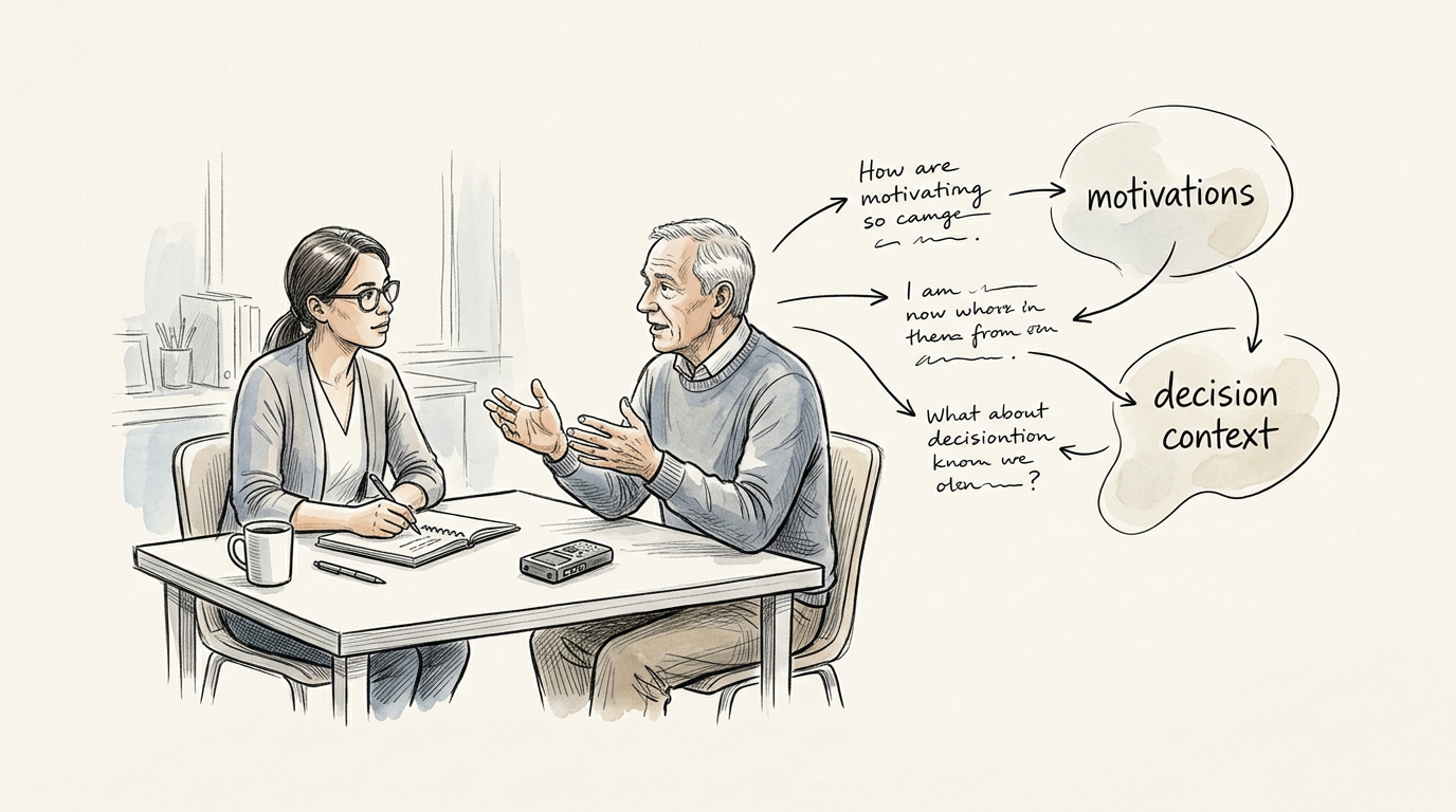 Two people discuss motivations and decision context, with handwritten arrows and labels.