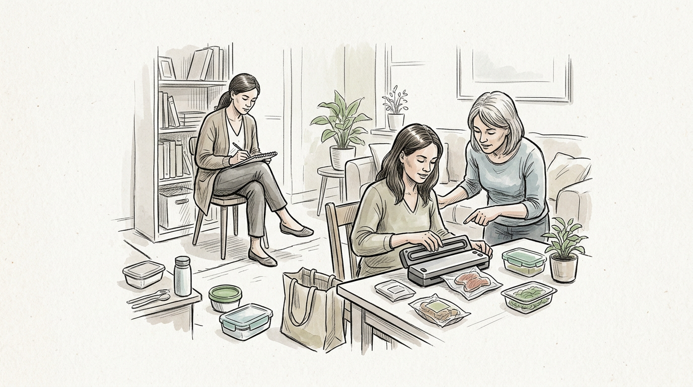 Three women preparing and packaging food together at a kitchen table