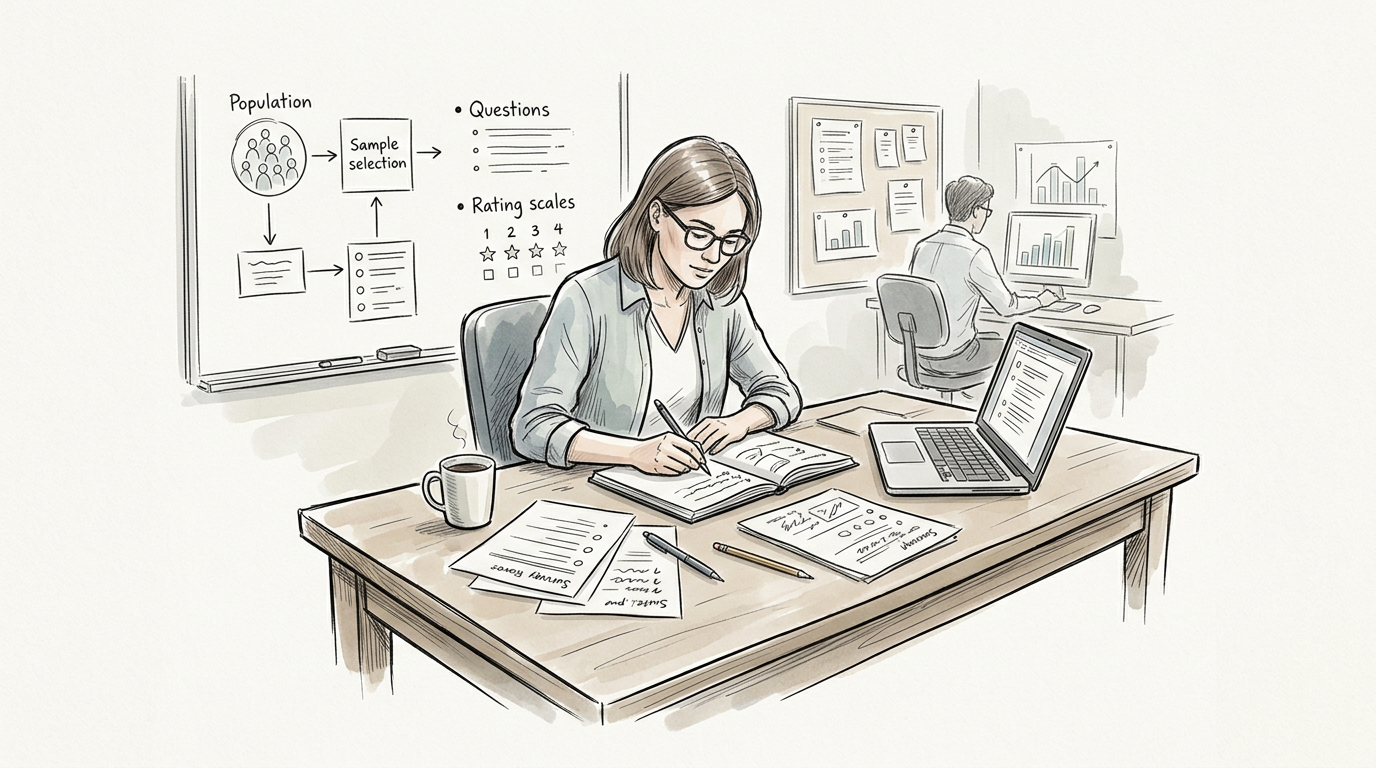 Researcher designing a survey beside notes, laptop, and data charts