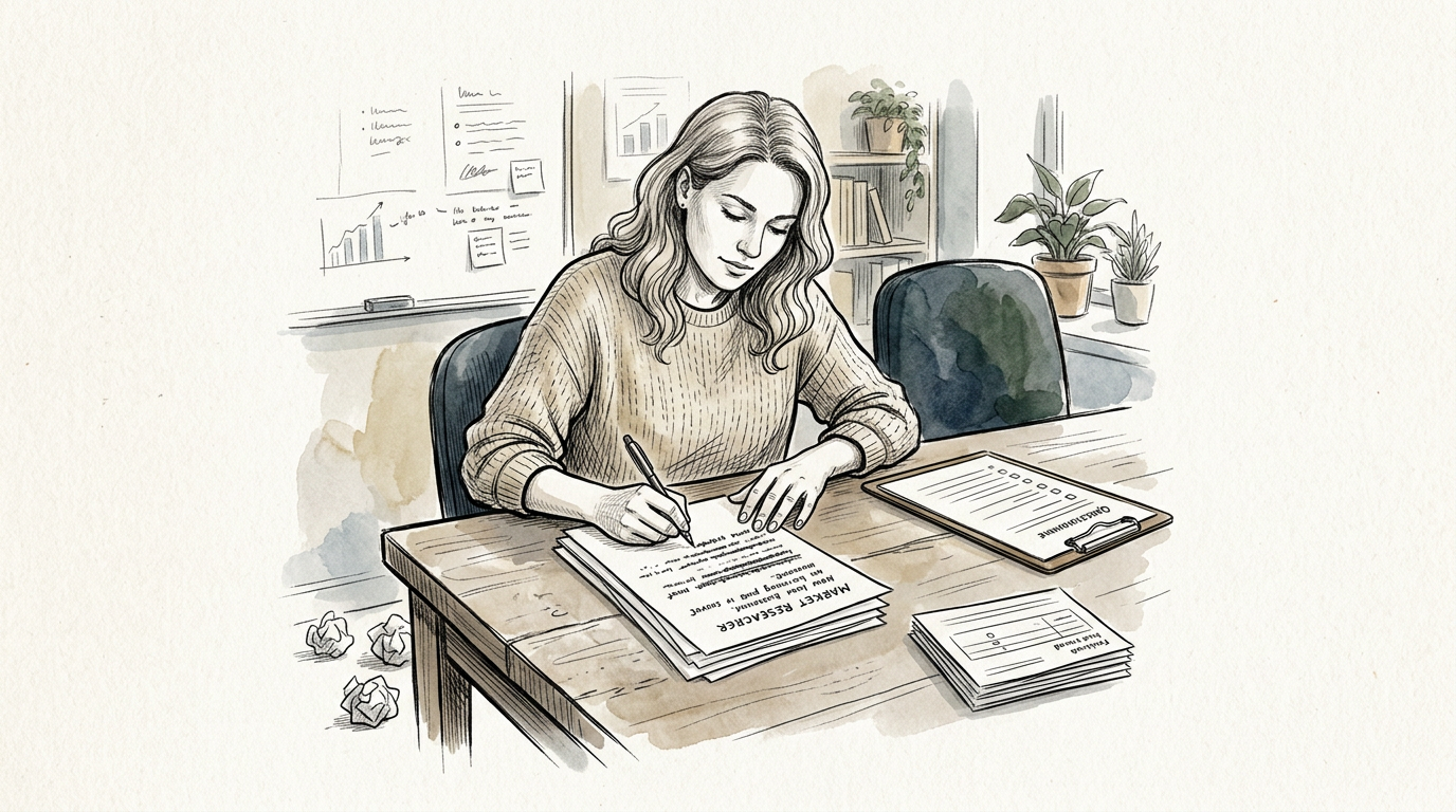 Woman writing market research notes beside questionnaires at a desk