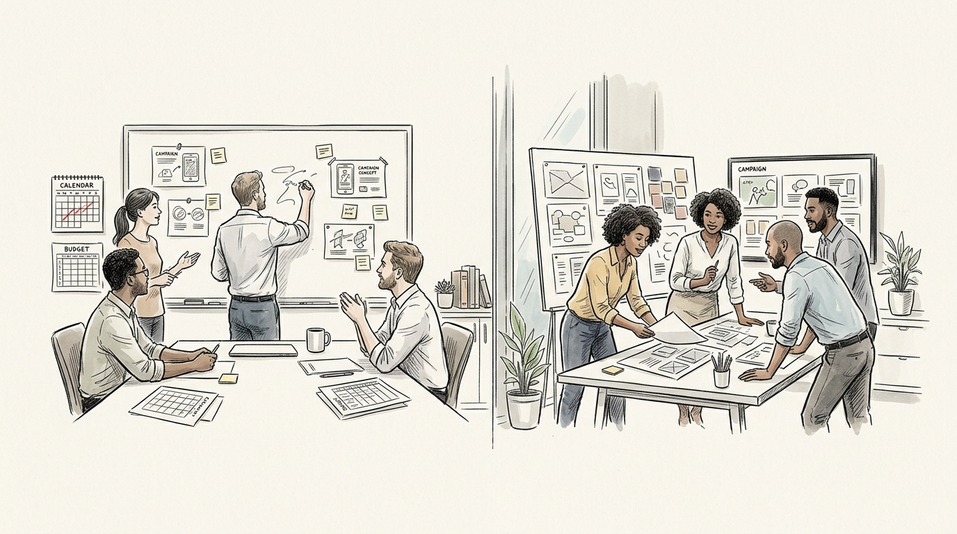 Two teams collaborating on campaign planning, schedules, and design boards