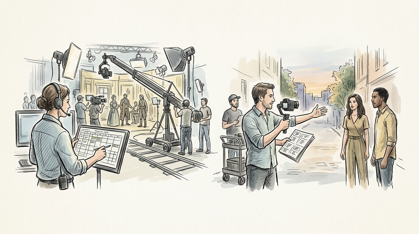 Film crew filming actors in studio and outdoor production scenes