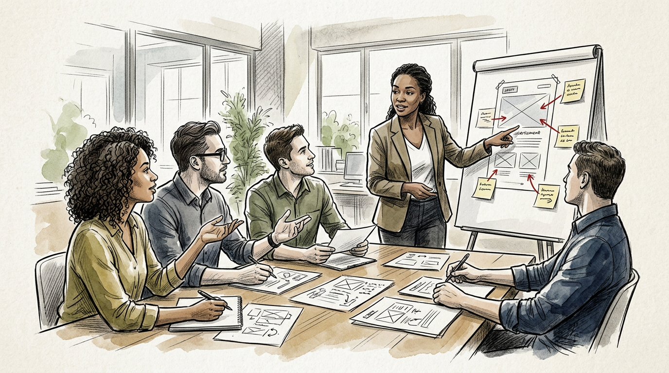 Design team discussing website wireframes around a conference table