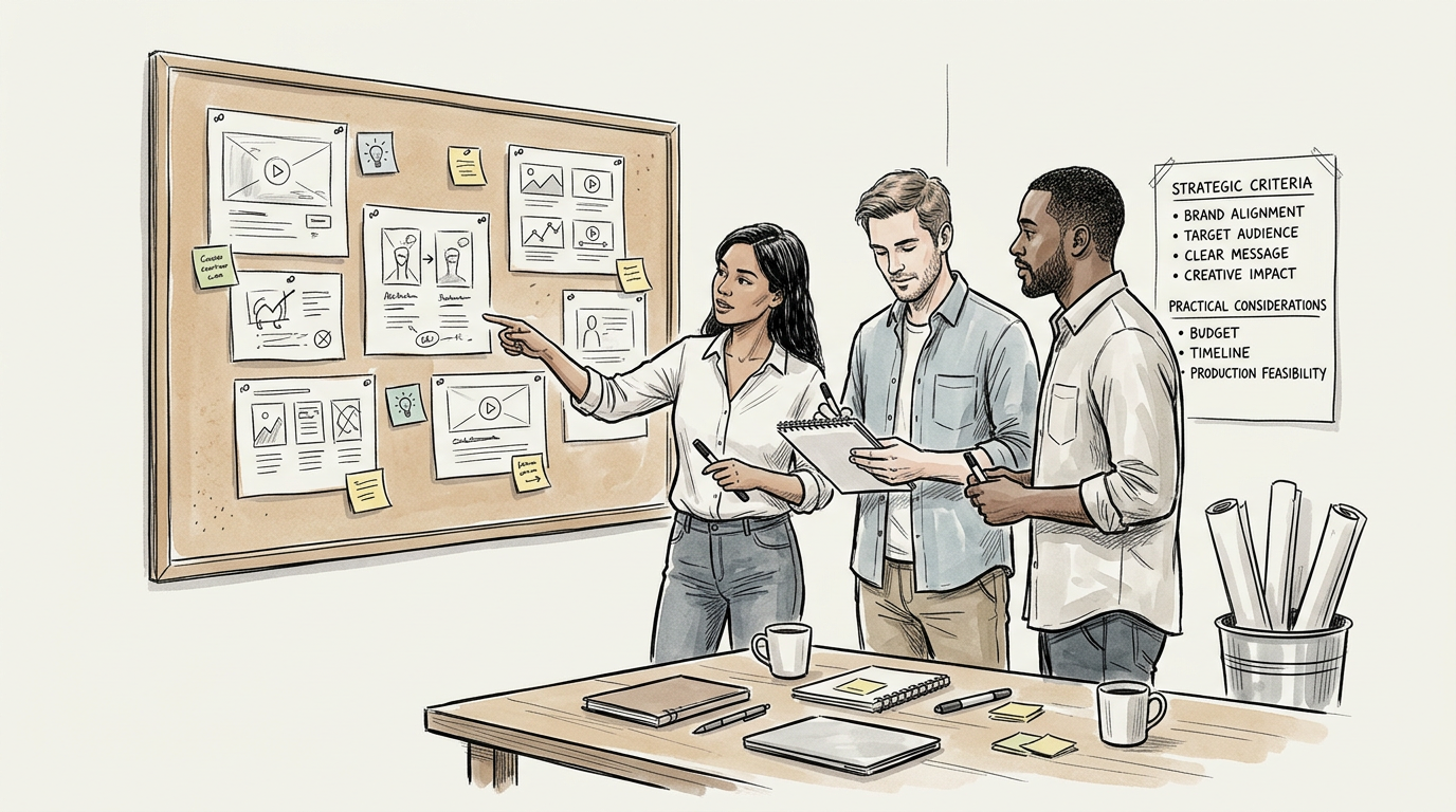 Three creatives reviewing campaign concepts beside a board of strategic criteria