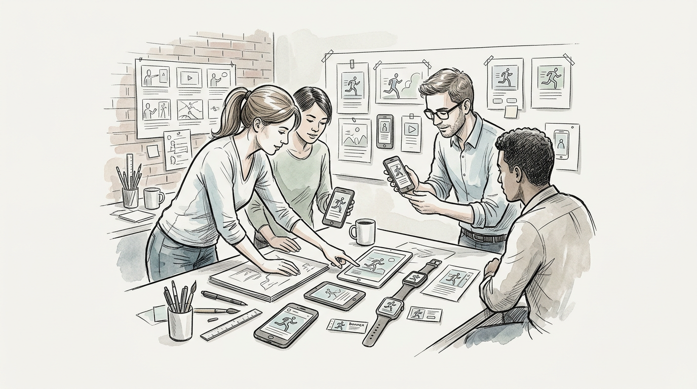 Four people collaborating around fitness technology sketches and wearable devices