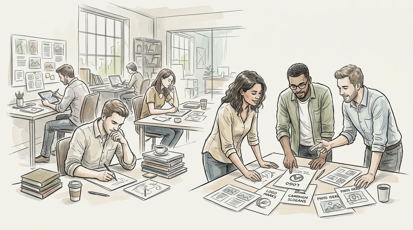 Creative team collaborating on branding sketches and campaign ideas