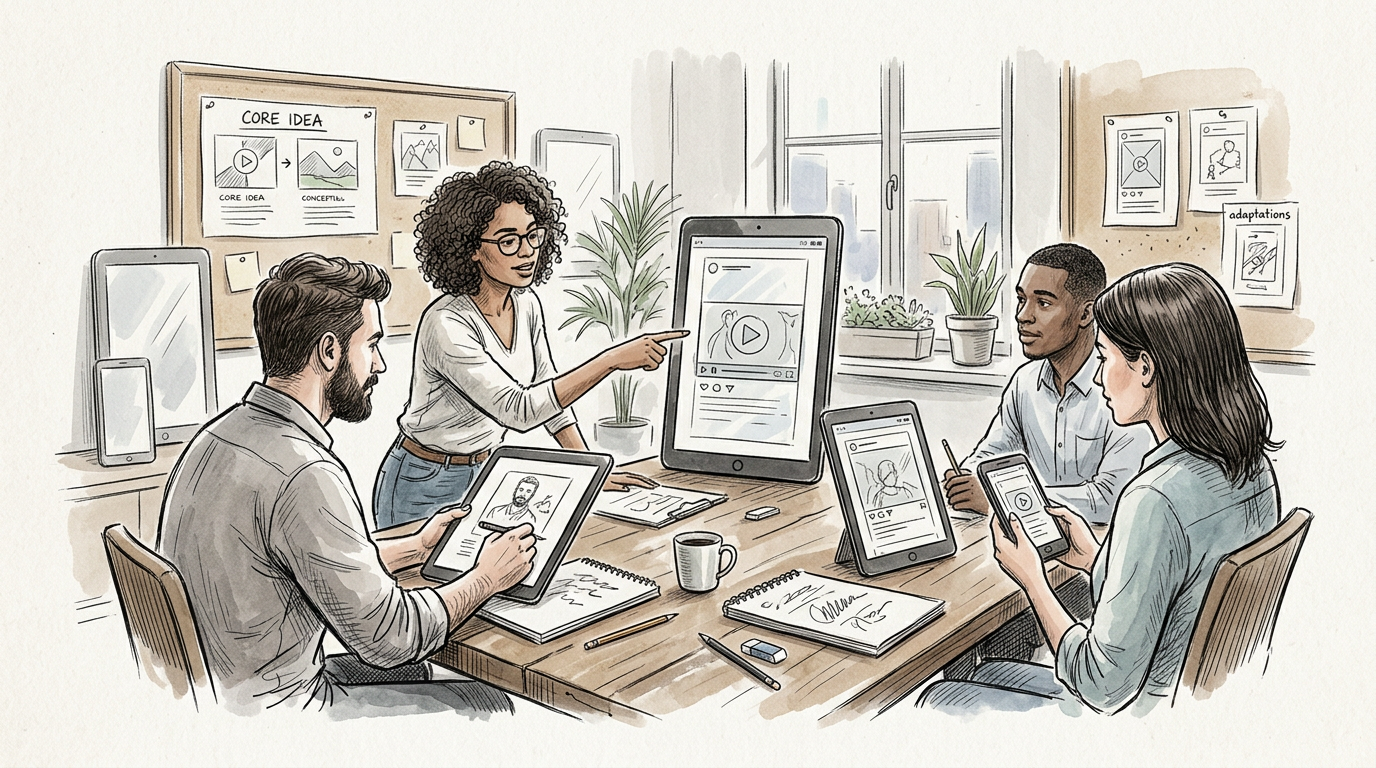 Four colleagues collaborate around tablets and a large screen in a creative workshop