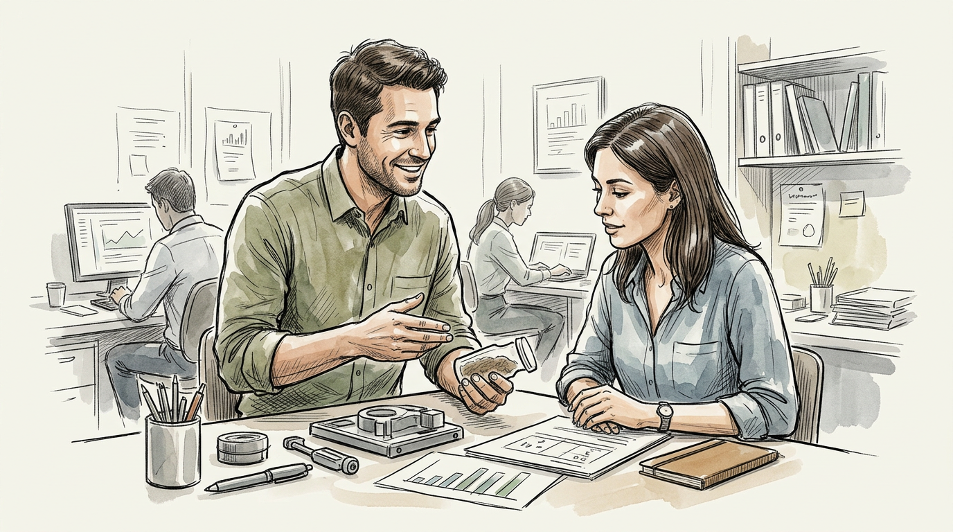Two colleagues discussing a product prototype over charts in an office