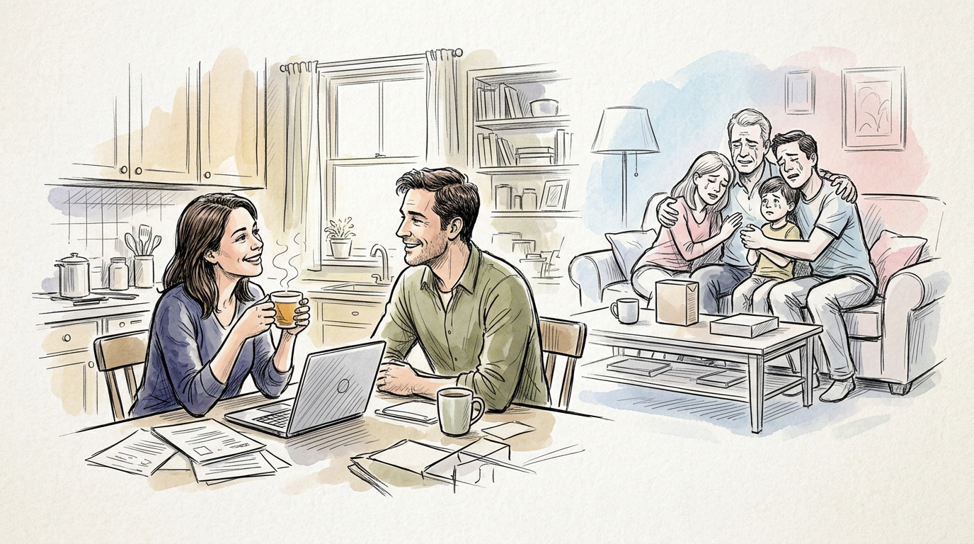 Couple talking over coffee while family comforts a child nearby